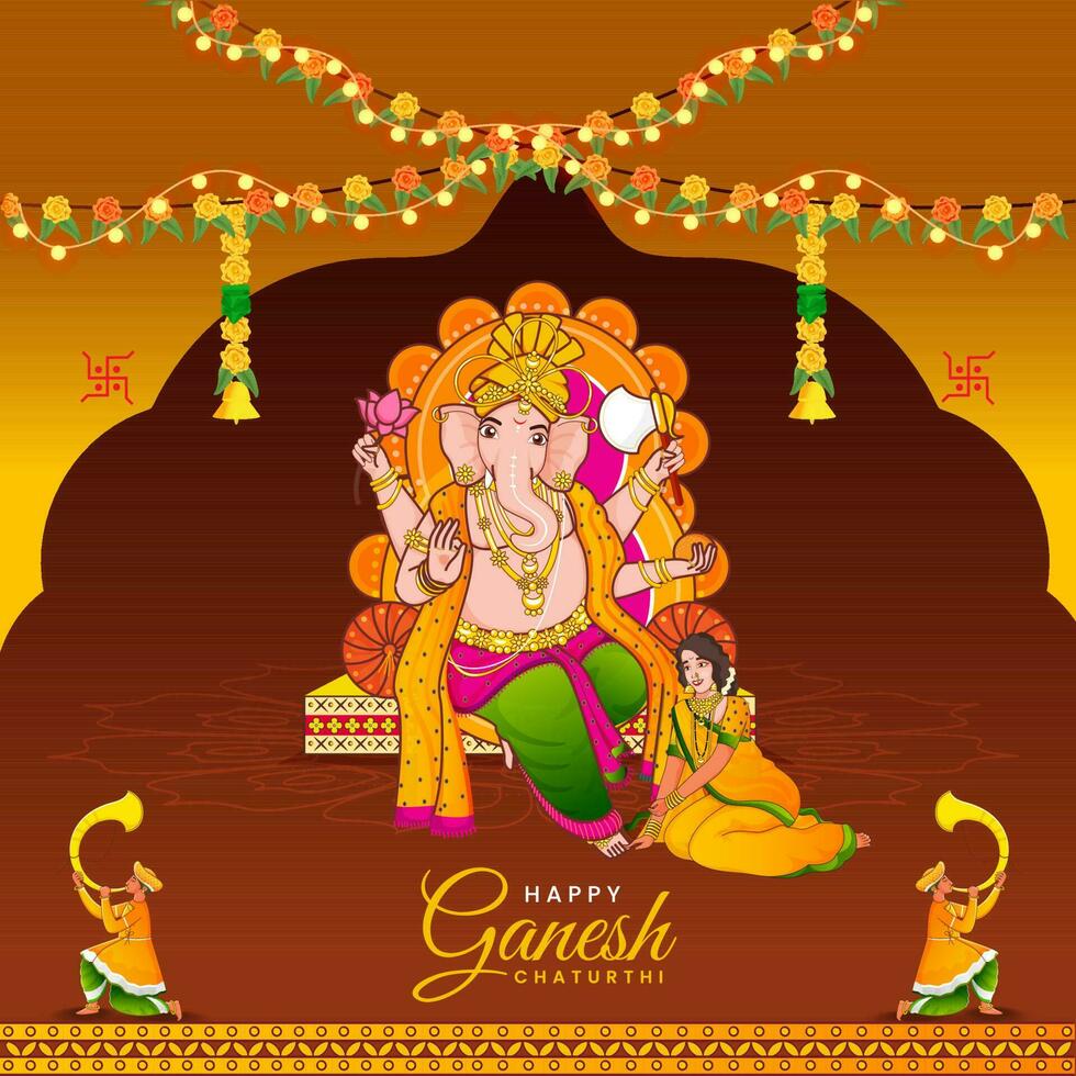 Maharashtrian Woman Touching Feet Of Lord Ganesha On The Occasion Of Happy Ganesh Chaturthi. vector