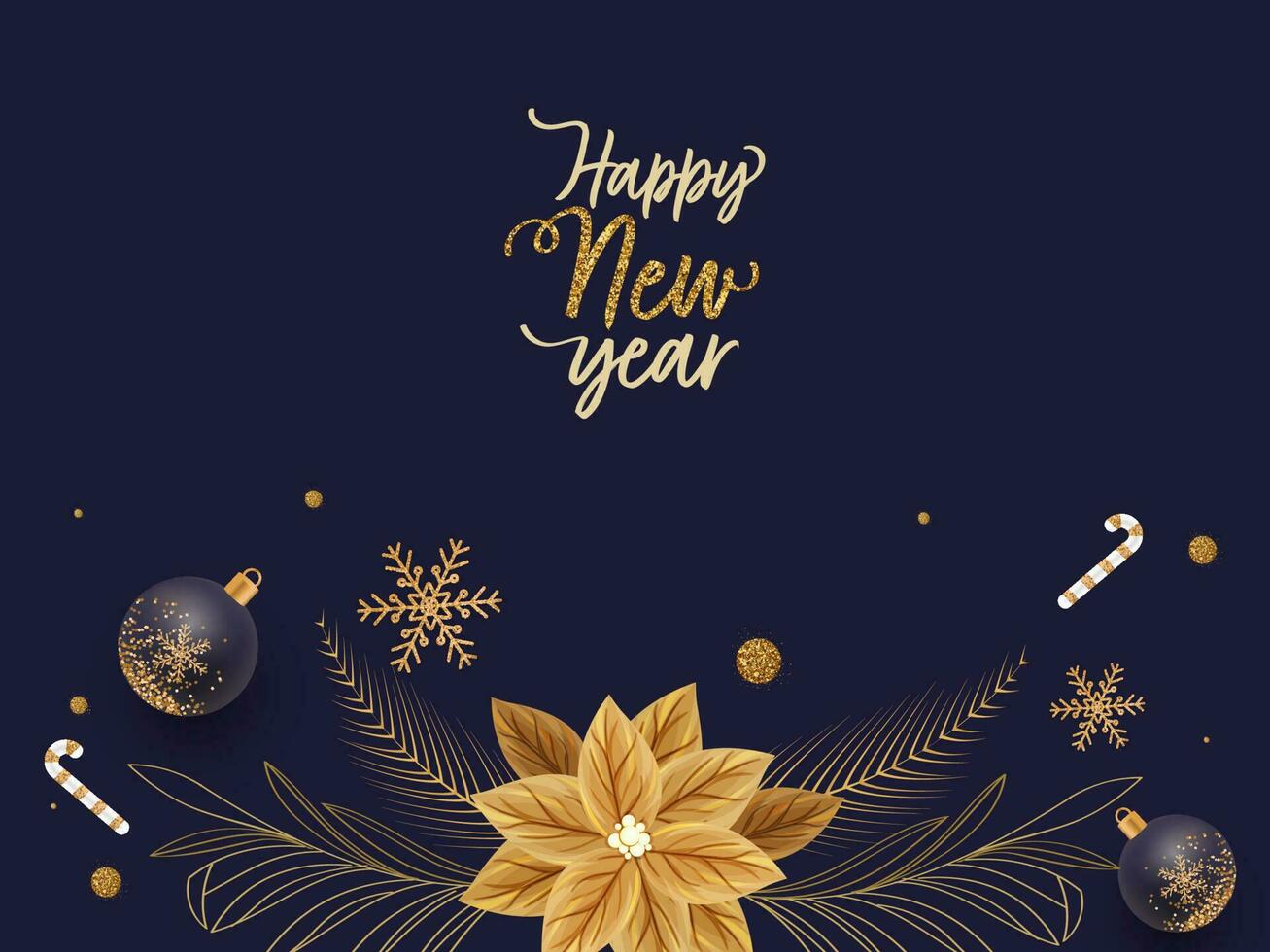 Happy New Year Font With Golden Poinsettia Flower, Linear Leaves, Snowflakes, Candy Canes And Transparent Baubles On Blue Background. vector