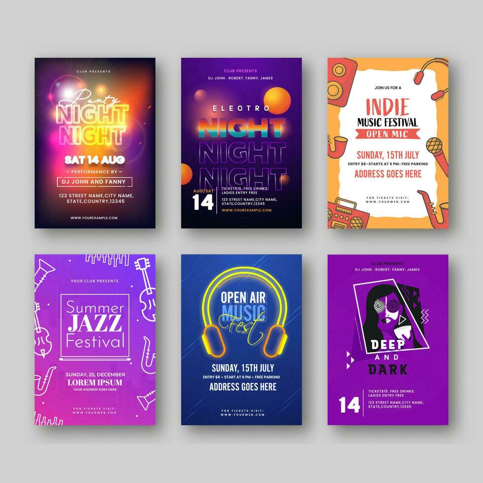 conjunto de fiesta volantes o invitación tarjeta diseño para publicidad. vector