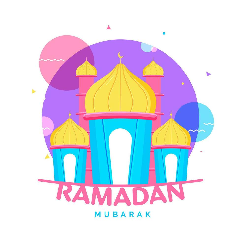 Ramadan Mubarak Text With Colorful Mosque Illustration On White Background. vector