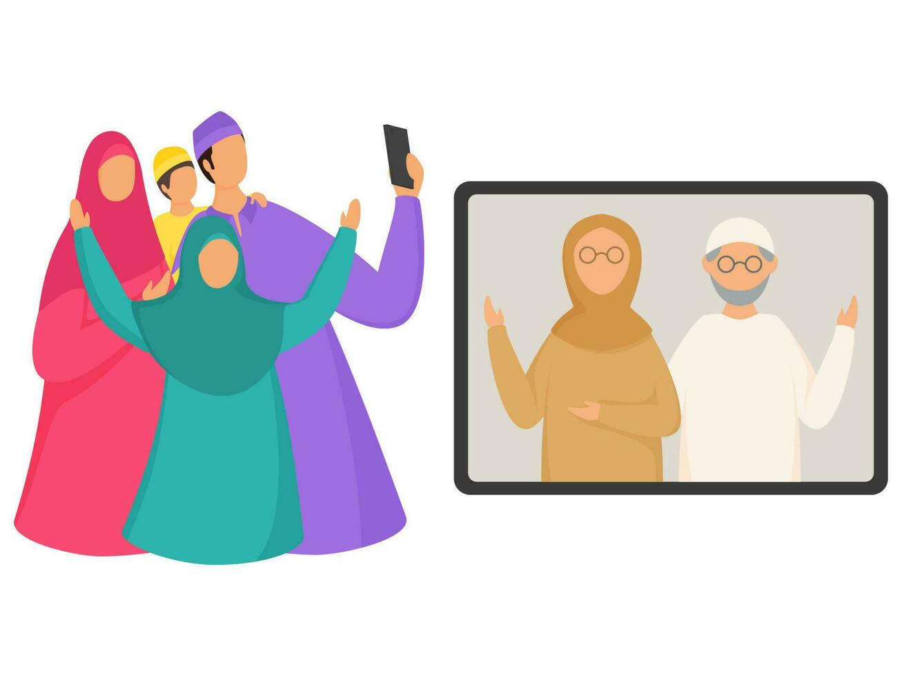 Faceless Muslim Family Interacting With Video Call Through Smartphone On White Background. vector