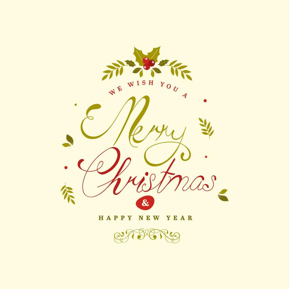 Wishing You A Merry Christmas And Happy New Year Font With Holly Berries On Pastel Yellow Background. vector