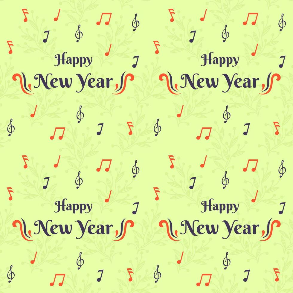 Happy New Year Font With Music Notes Decorated On Light Green Berry Branch Background. vector
