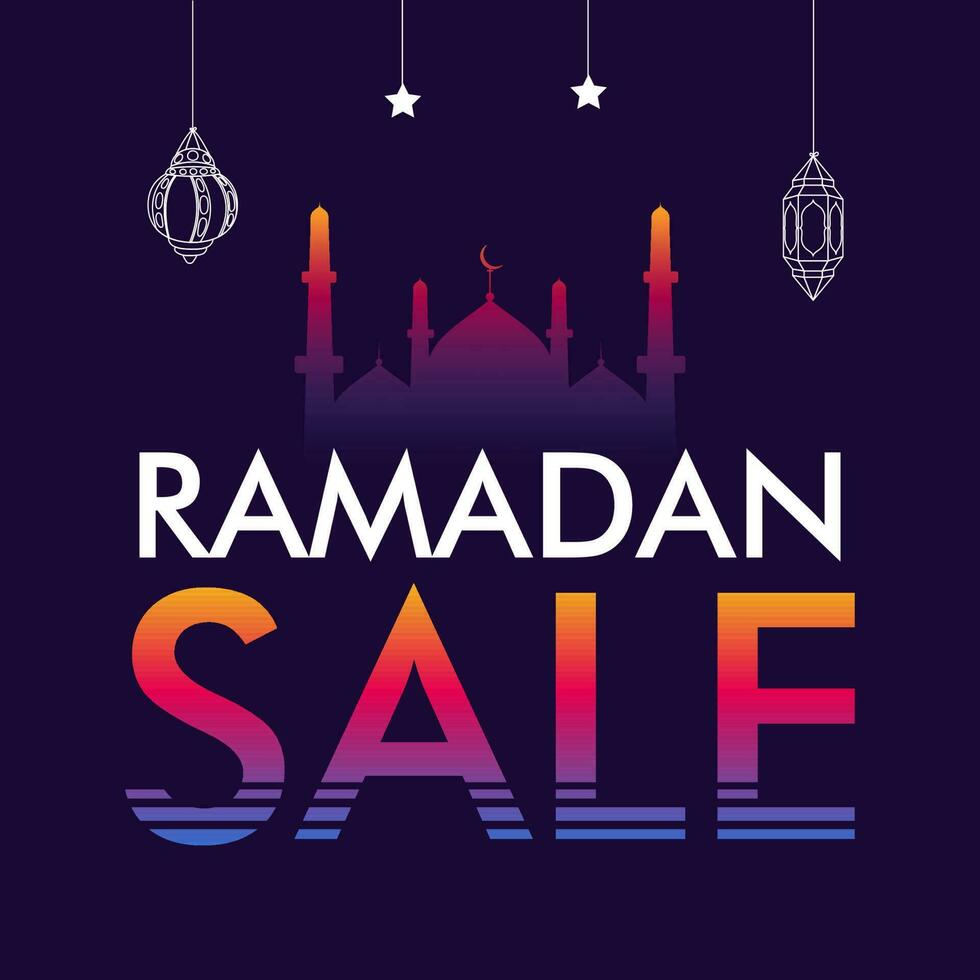 Ramadan Sale Poster Design With Gradient Mosque, Hanging Lanterns And Stars Decorated On Purple Background. vector