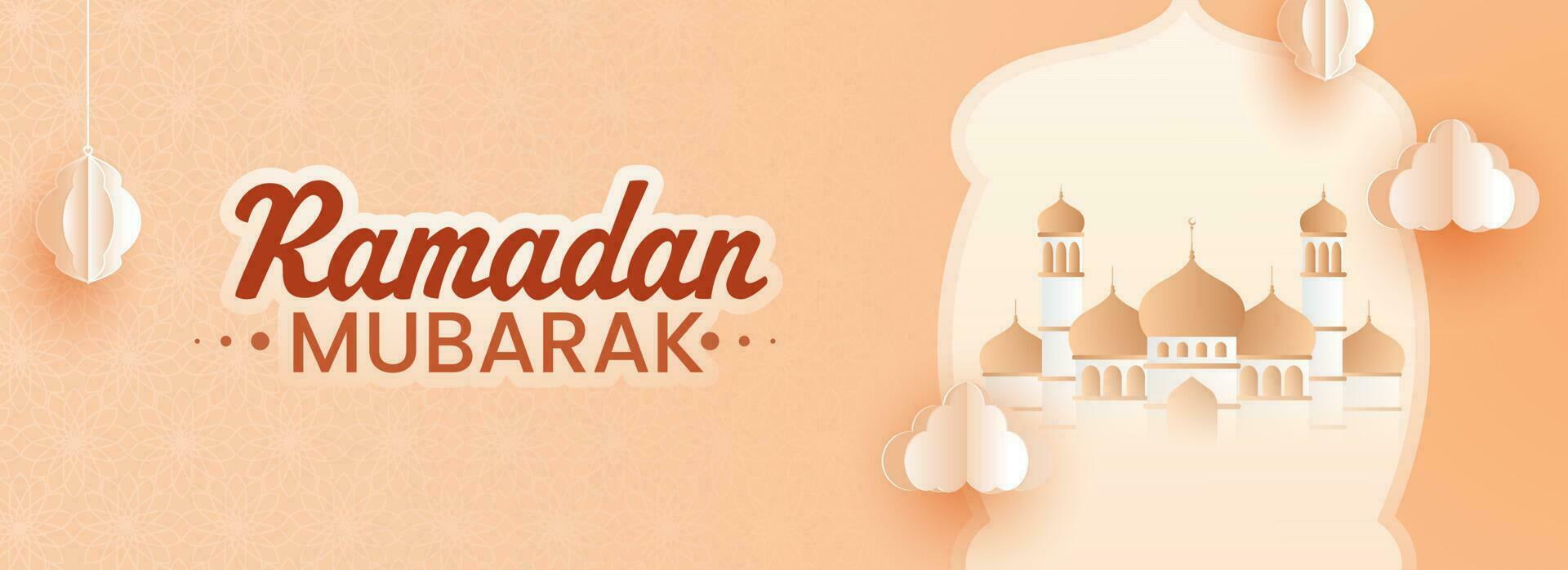 Ramadan Mubarak Concept With Mosque Illustration, Paper Cut Lanterns Hang And Clouds On Orange Background. vector