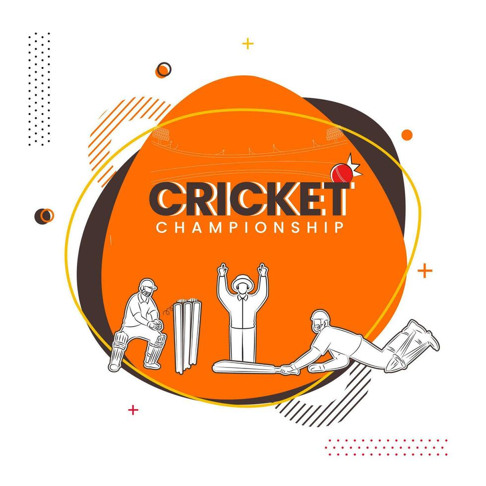 Cricket Championship Poster Design With Sticker Style Umpire Signaling Six Run, Batsman And Wicket Keeper Player On Abstract Background. vector