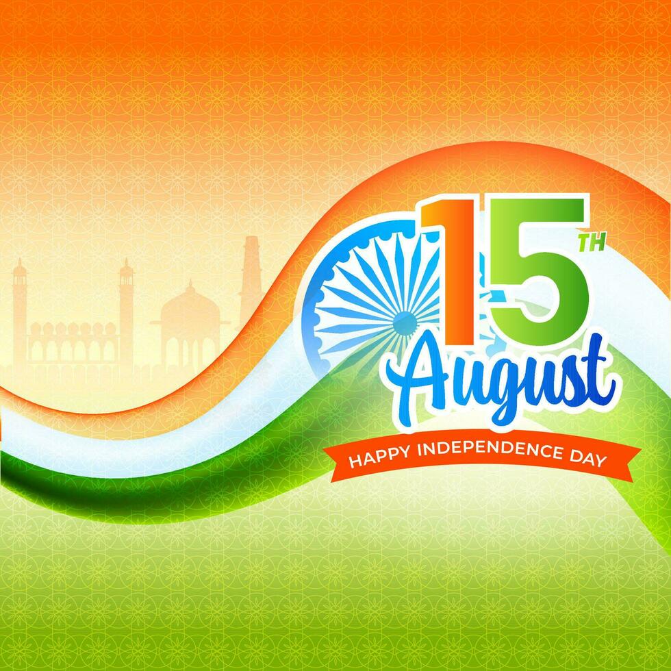 15th August, Independence Day Concept With India Flag Ribbon On Orange And Green Sacred Geometric Background. vector