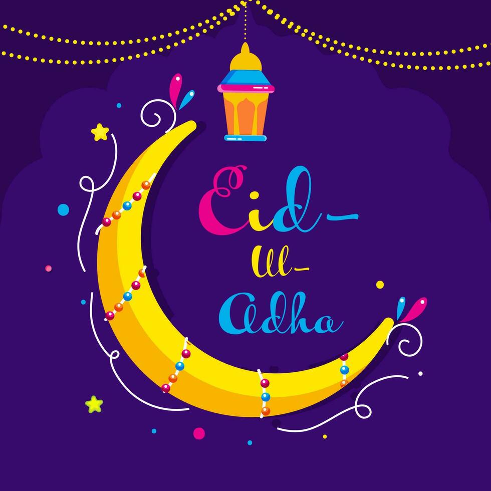 eid-ul-adha fuente con creciente luna, estrellas, linterna colgar en púrpura antecedentes. vector