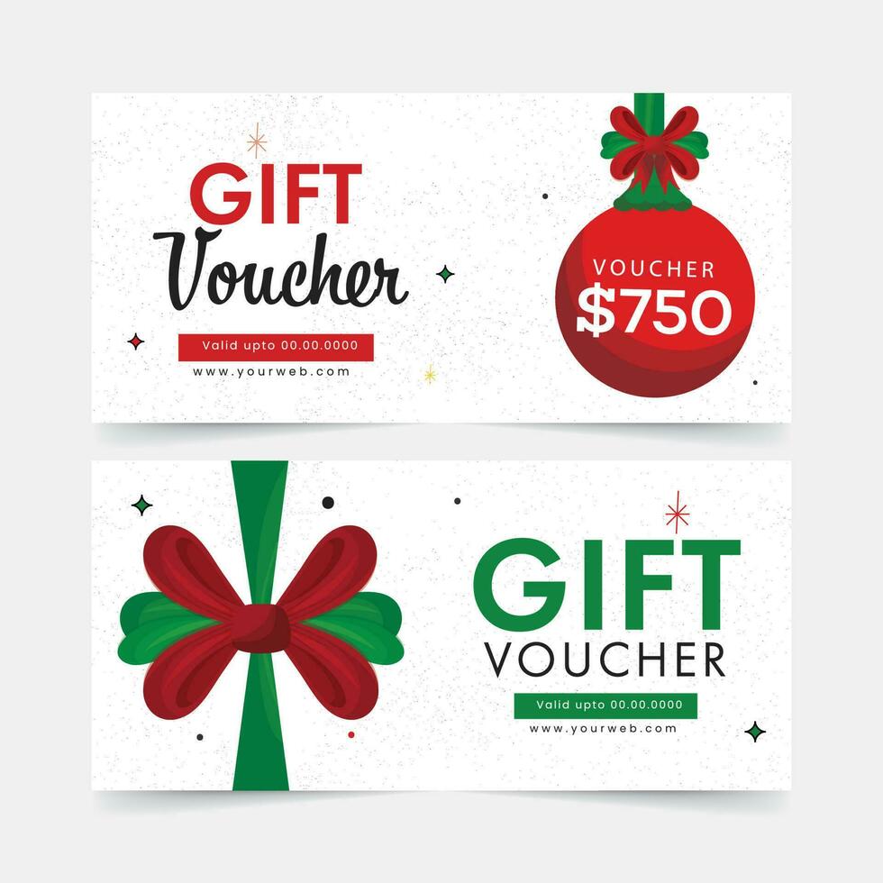 Set Of Gift Voucher Template Layout With Bauble Hang, Bow Ribbon In White Color. vector