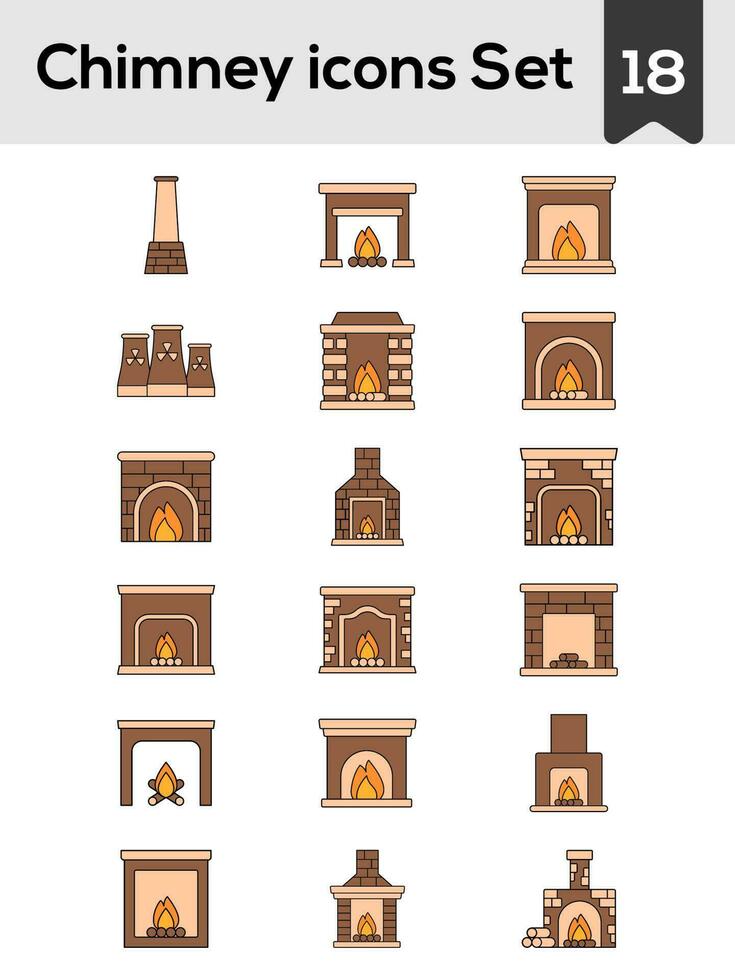 Chimney And Fireplace Icon Set In Flat Style. vector
