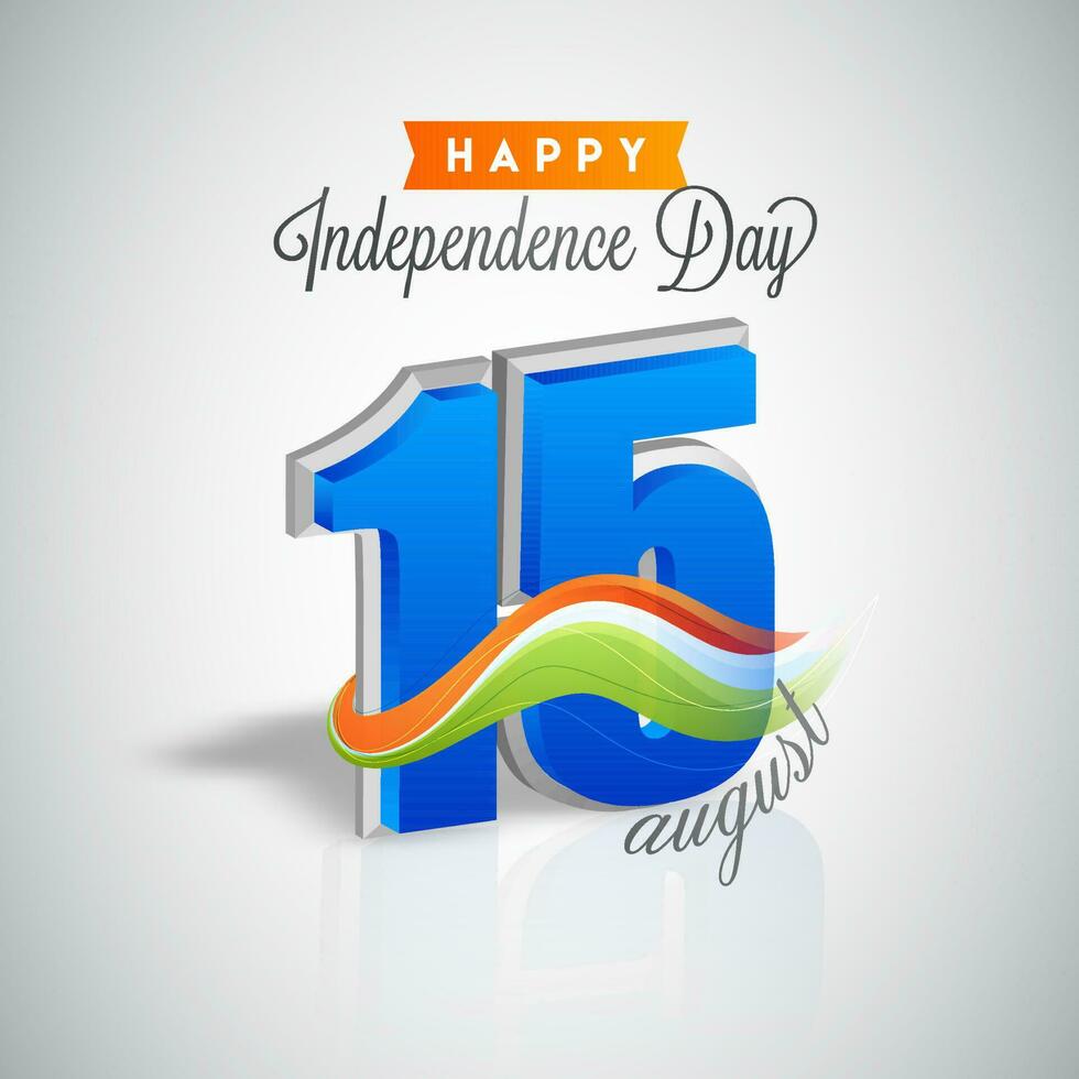 3D 15 Number Of August With Tricolor Wave On Gray Background For Happy Independence Day. vector