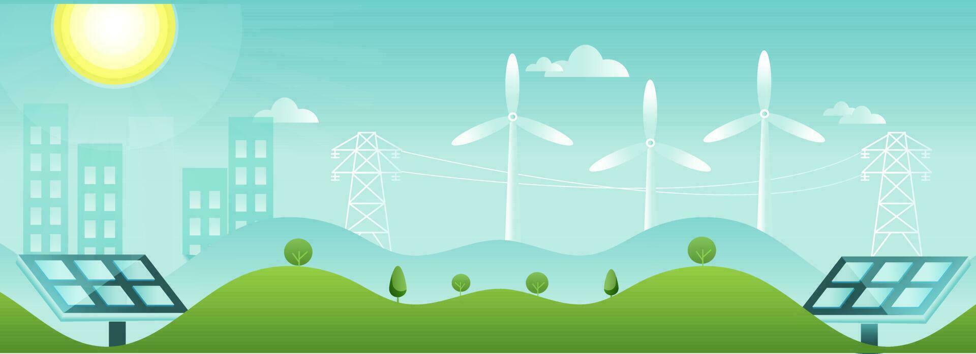Illustration Of Solar Panels With Windmills, Transmission Tower And Buildings On Sunshine Turquoise And Green Nature Background. vector