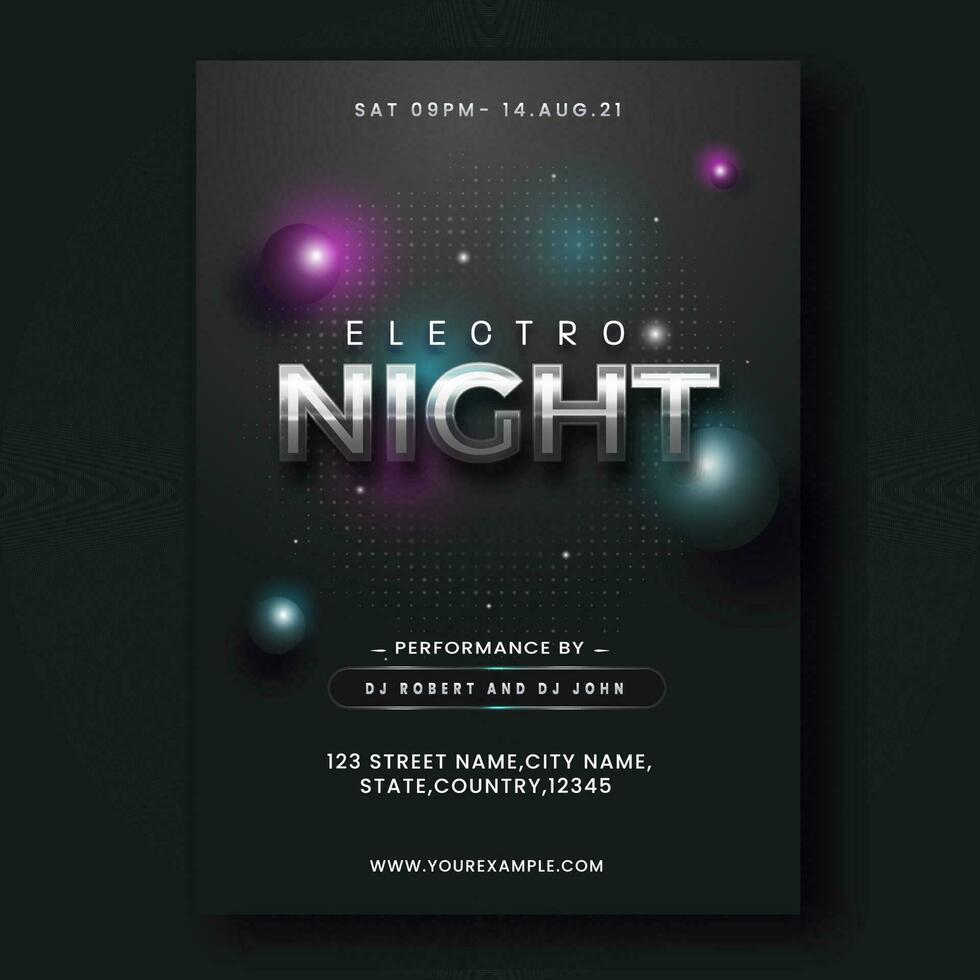 Electro Night Party Flyer Or Invitation Card With Event Details In Black Color. vector