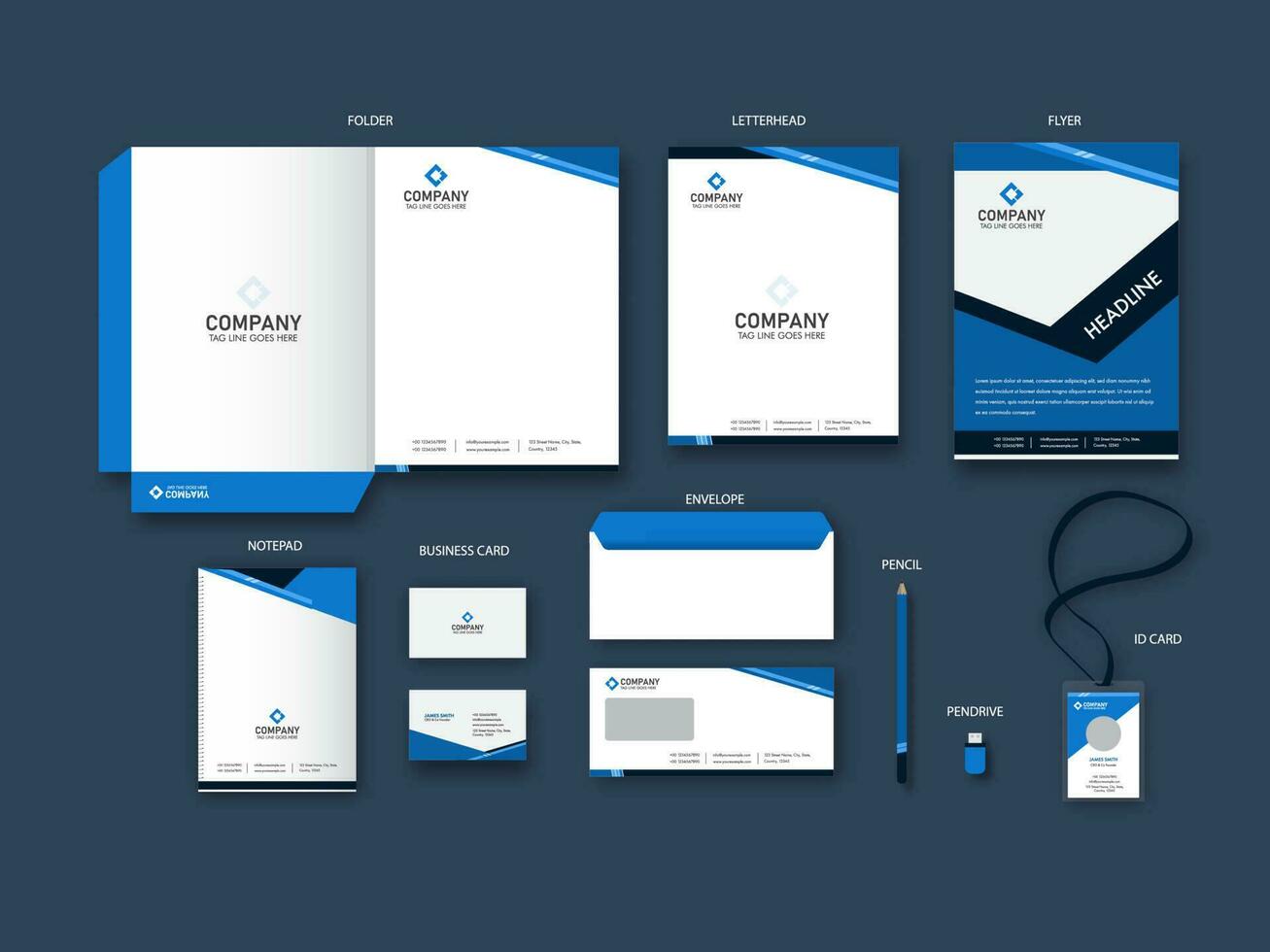 Corporate Identity Branding Kits In Blue And White Color. vector
