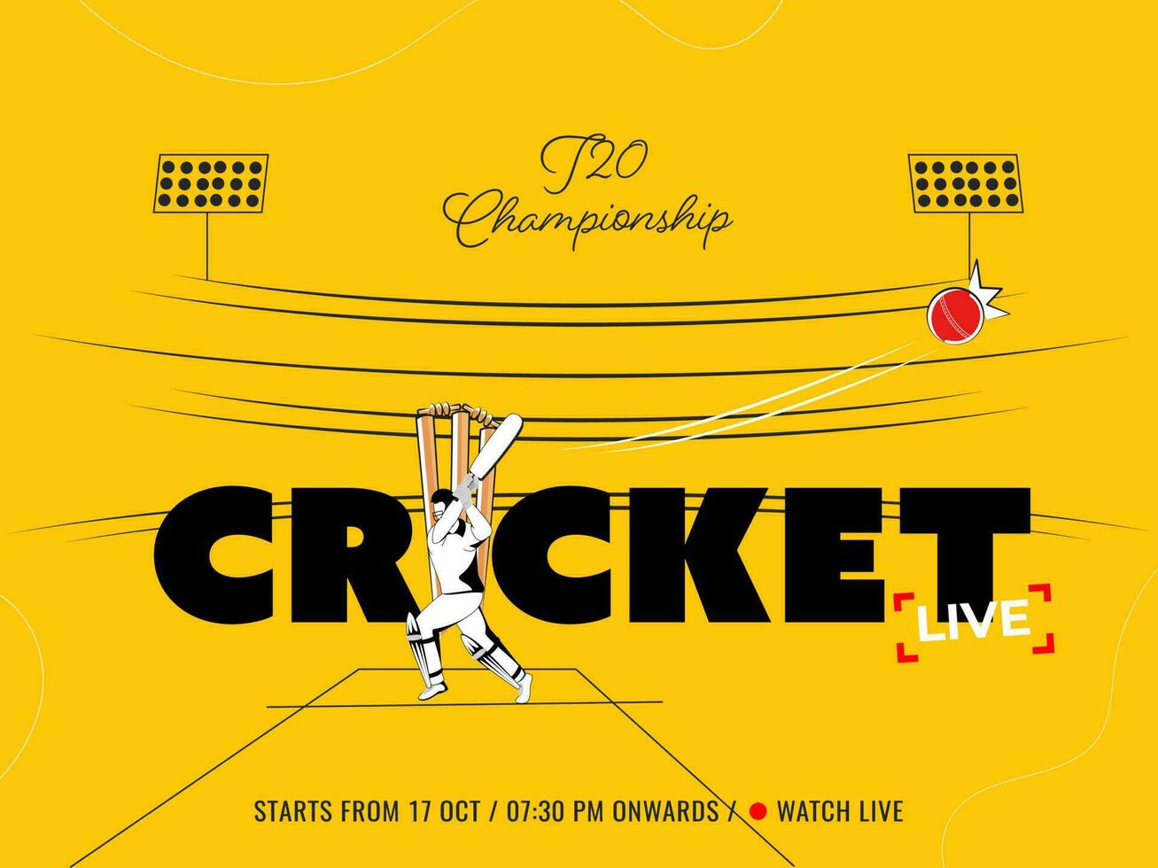 En Vivo t20 Grillo campeonato póster diseño con bateador jugador en amarillo estadio antecedentes. vector