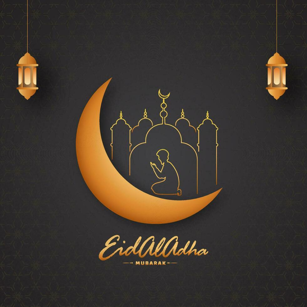 Illustration Of Crescent Moon With Line Art Muslim Man Praying, Mosque And Lanterns Hang On Black Background For Eid Al Adha Mubarak Concept. vector