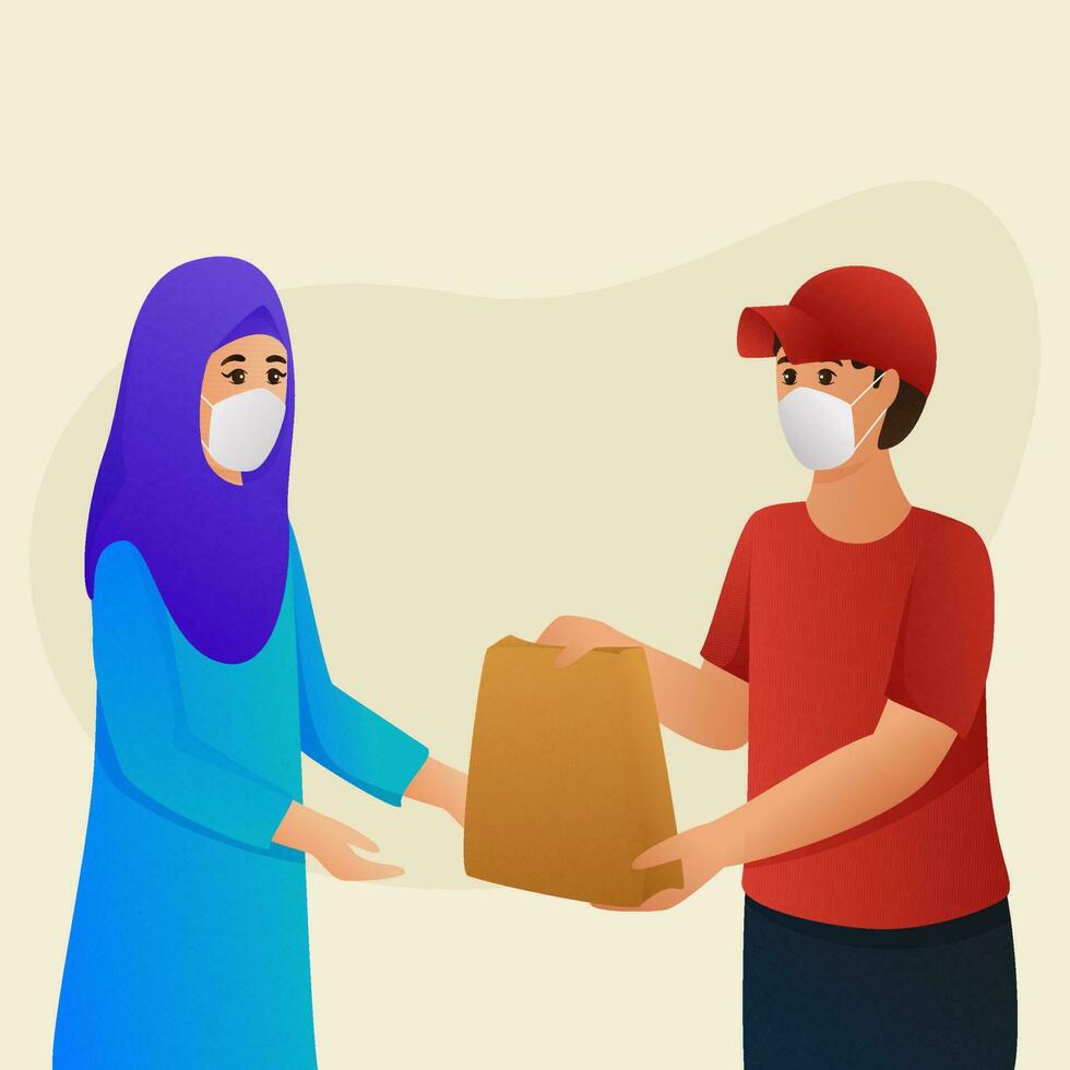 Delivery Boy Giving Paper Bag To Muslim Woman In Safety Mask To Protect Of Coronavirus. vector