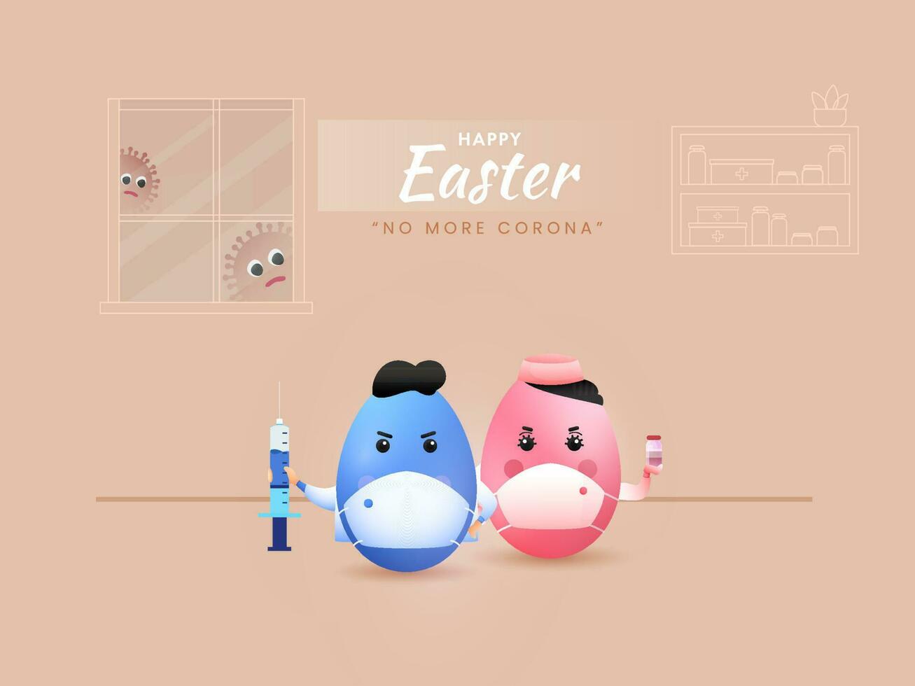 Cartoon Eggs Wearing Medical Mask With Vaccine On Beige Interior Background For No More Corona. vector