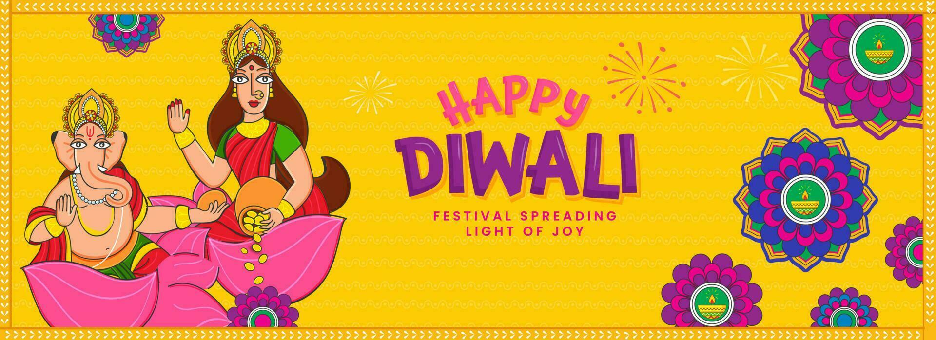 Vector Illustration Of Lord Ganesha With Goddess Lakshmi Statue And Floral Decorated Yellow Background For Happy Diwali Celebration.