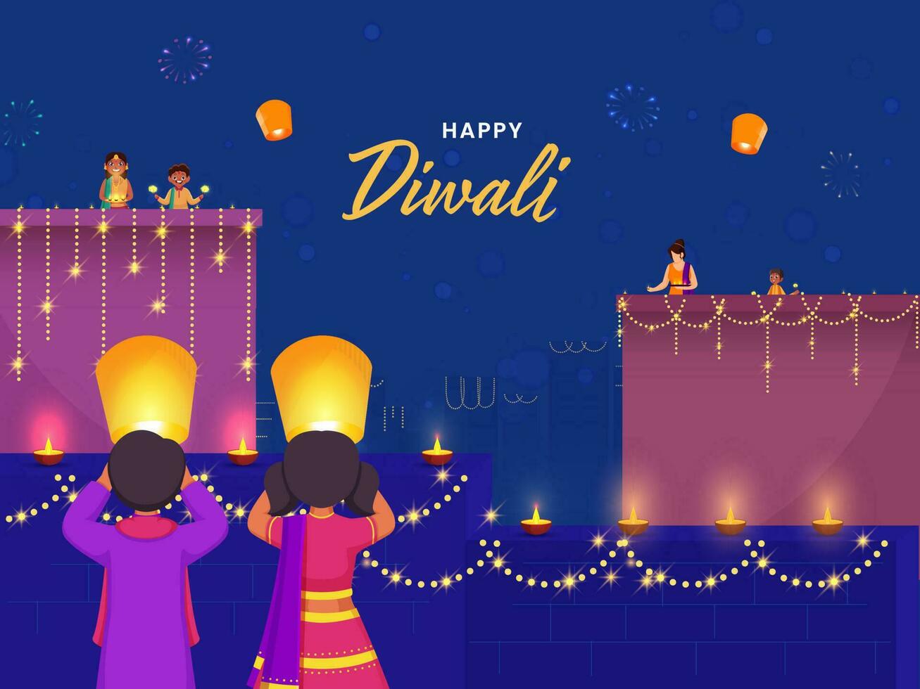 Happy Diwali Celebration Background With Indian People Enjoying Or Celebrating Festival Of Lights. vector