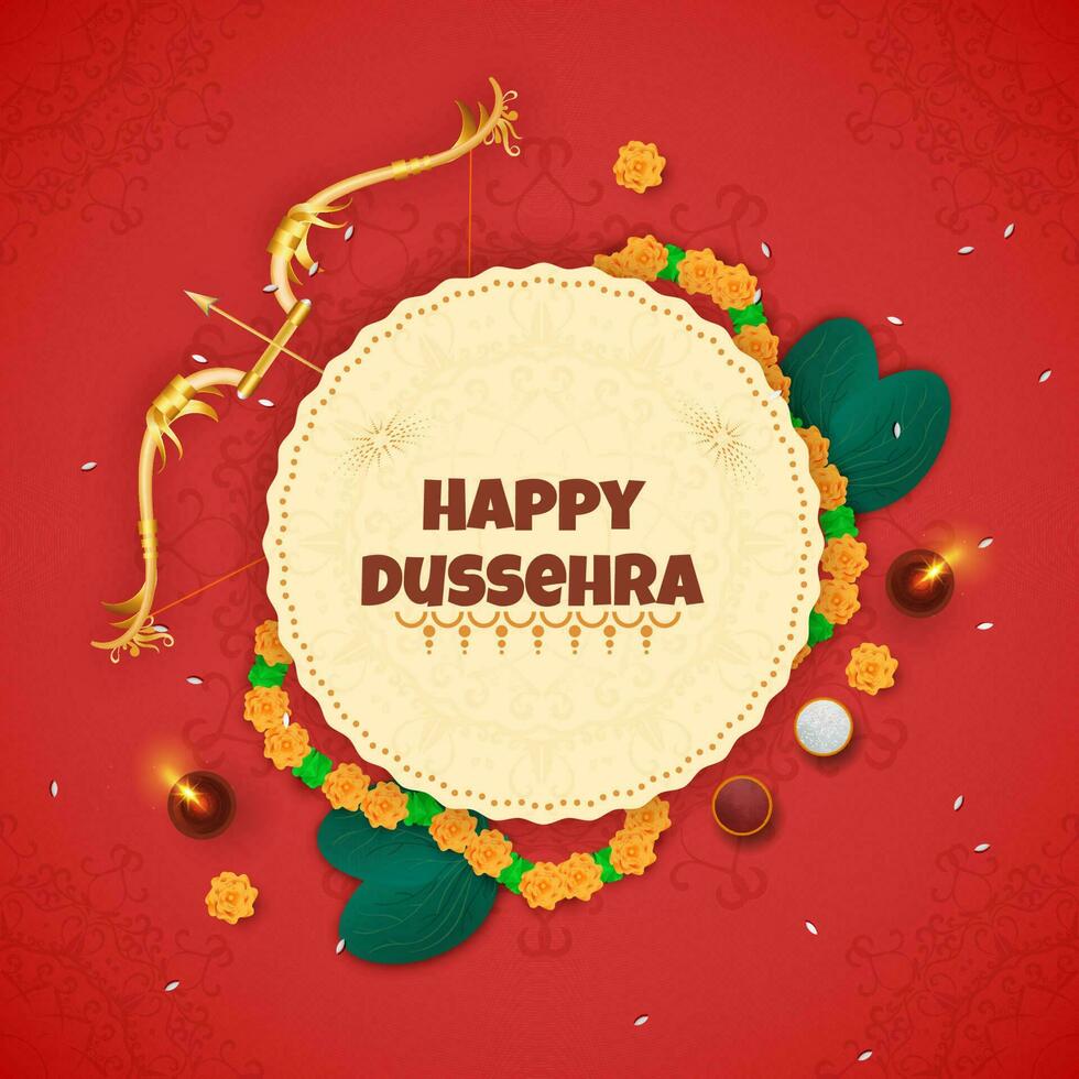 Happy Dussehra Font Over Circular Frame Decorated With Floral Garland, Golden Bow Arrow, Apta Leaves And Lit Oil Lamp On Red Mandala Background. vector