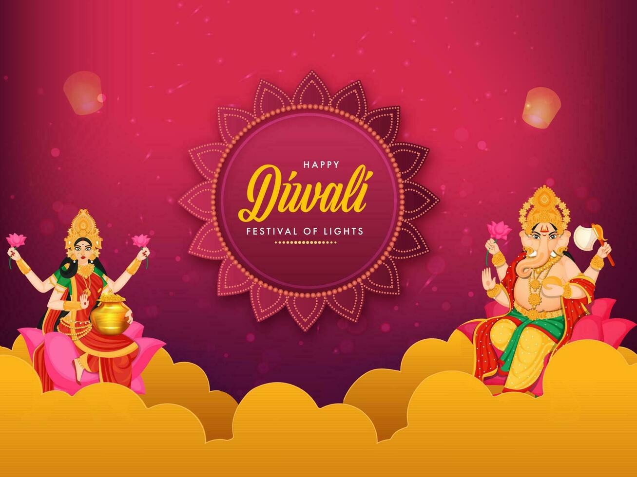 Happy Diwali Celebration Background With Hindu Mythological Ganesha And Goddess Lakshmi Statue Illustration. vector