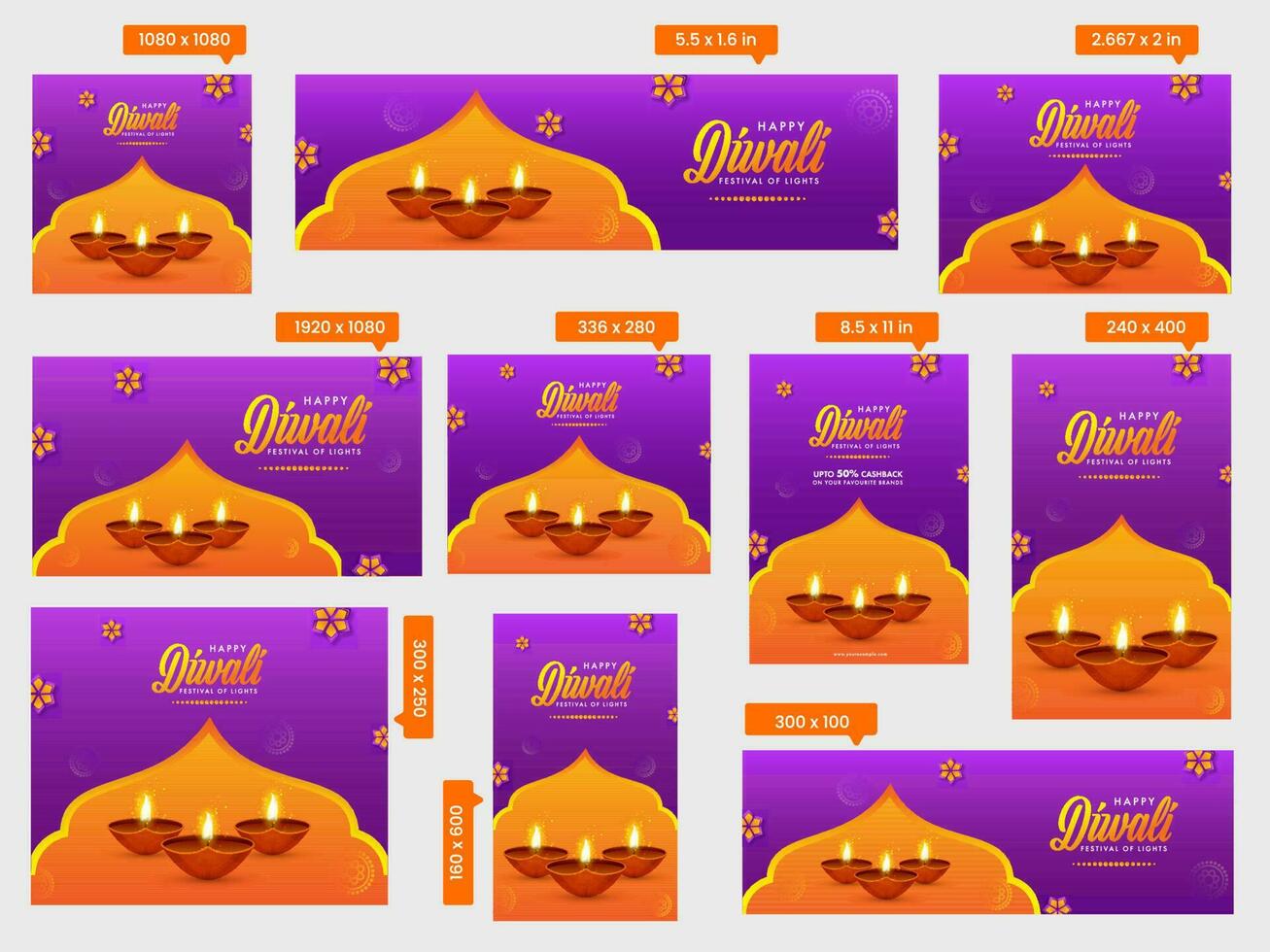 contento diwali social medios de comunicación plantillas colección con realista iluminado petróleo lamparas en púrpura y naranja color. vector