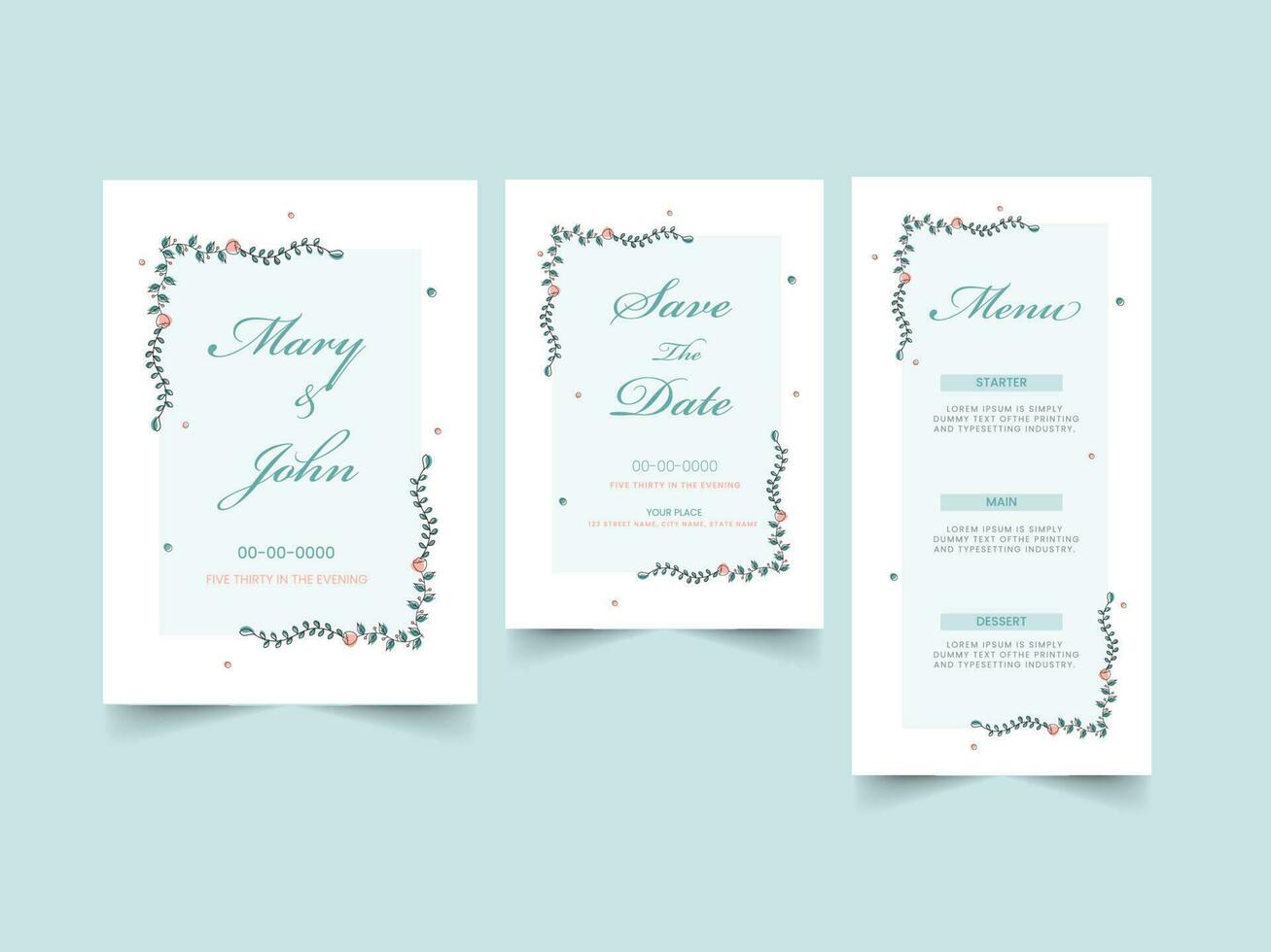 Wedding Invitation Card Like As Save The Date, Menu Template Layout On Blue Background. vector