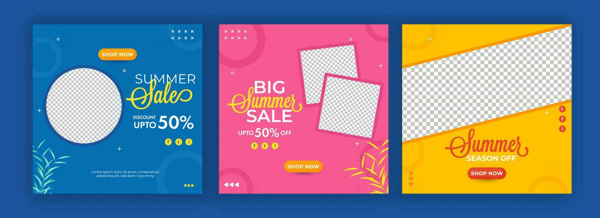 Summer Sale Posts Or Template Design With Discount Offer And Space For Image In Three Color Options. vector
