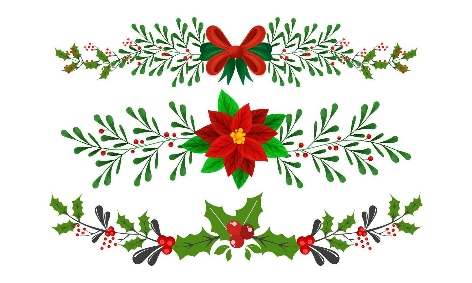 Poinsettia Flower With Berry Branches And Red Bow Ribbon On White Background. vector