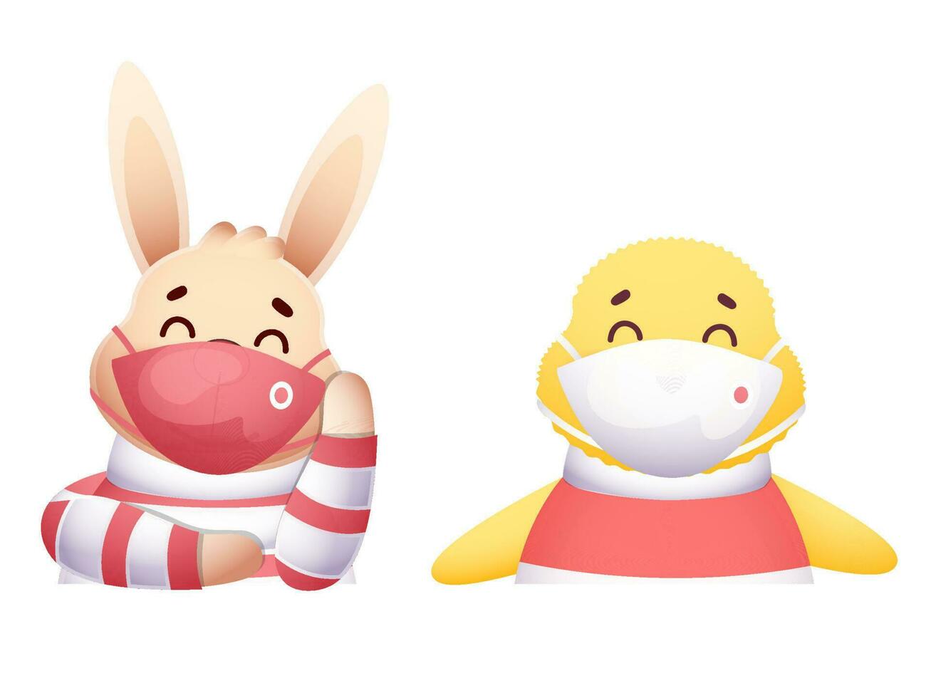 Cartoon Rabbit And Chick Wearing Medical Mask On White Background. vector