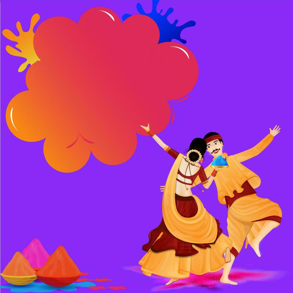 Illustration Of Indian Couple Playing Holi With Powder Color In Bowls On Purple Splash Background. vector