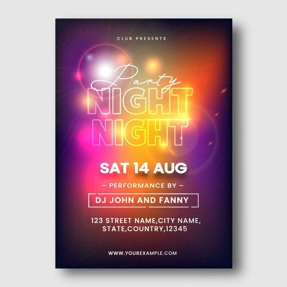 Night Party Flyer Design With Lights Effect On Abstract Background. vector