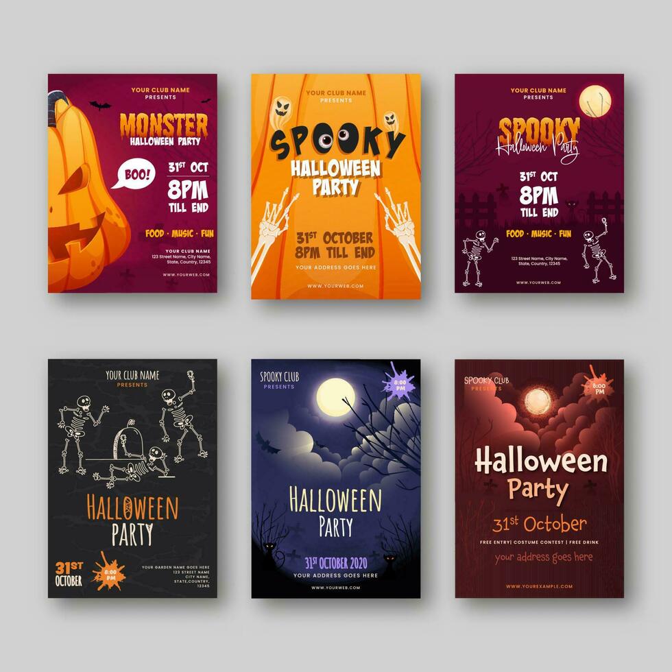 Set Of Halloween Party Flyer Or Template Design With Event Details. vector