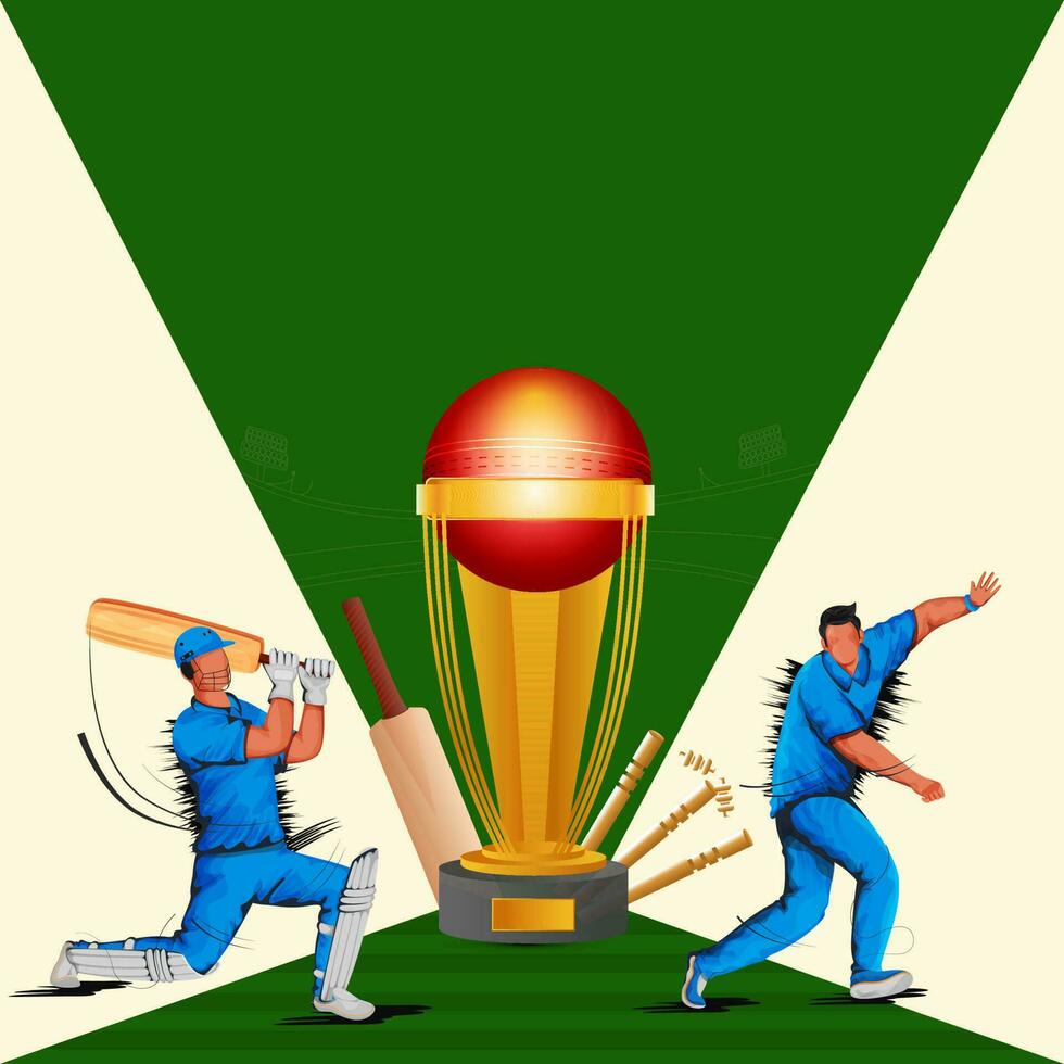 3D Cricket Equipment With Golden Trophy Cup, Batsman And Bowler In Playing Pose On Green And Yellow Background. vector