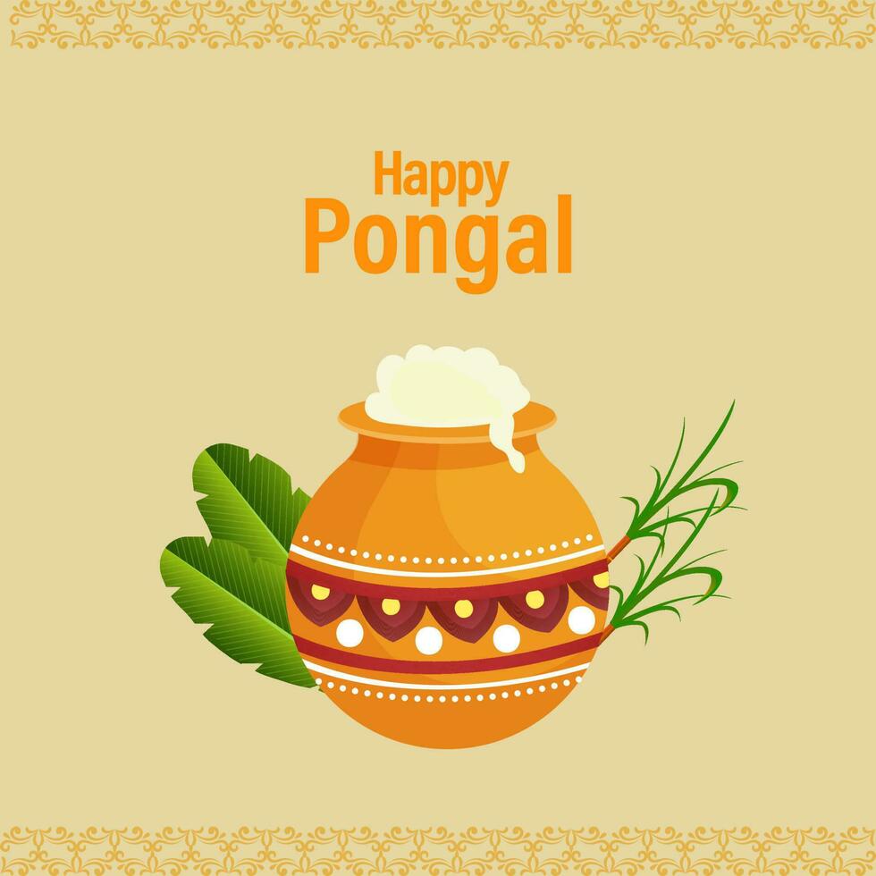 Happy Pongal Poster Design With Traditional Dish In Mud Pot, Banana Leaves, Sugarcane On Yellow Background. vector