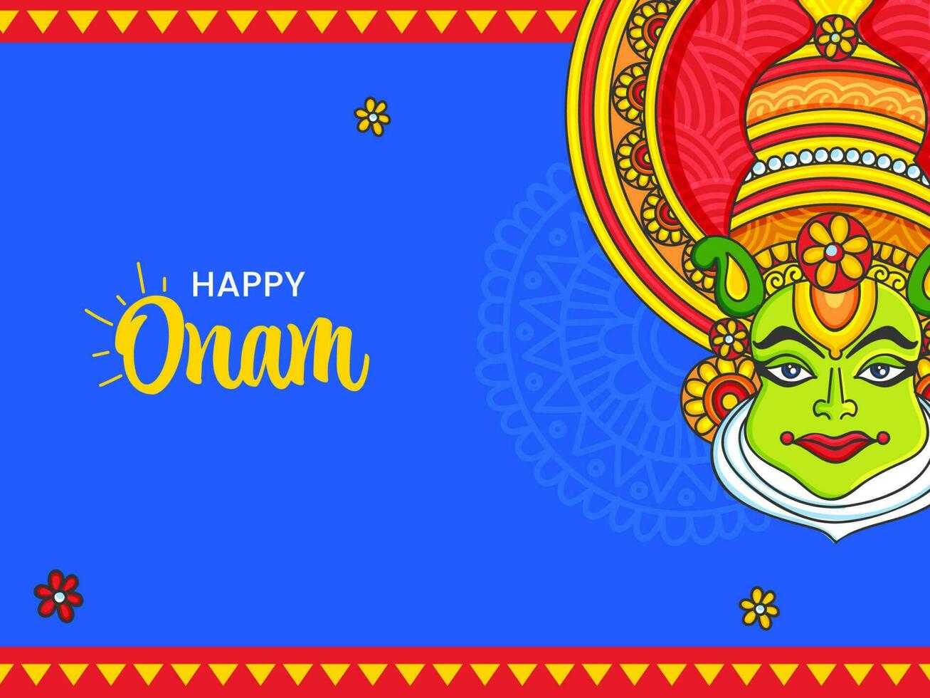 Happy Onam Celebration Concept With Kathakali Dancer Face On Blue And Red Background. vector