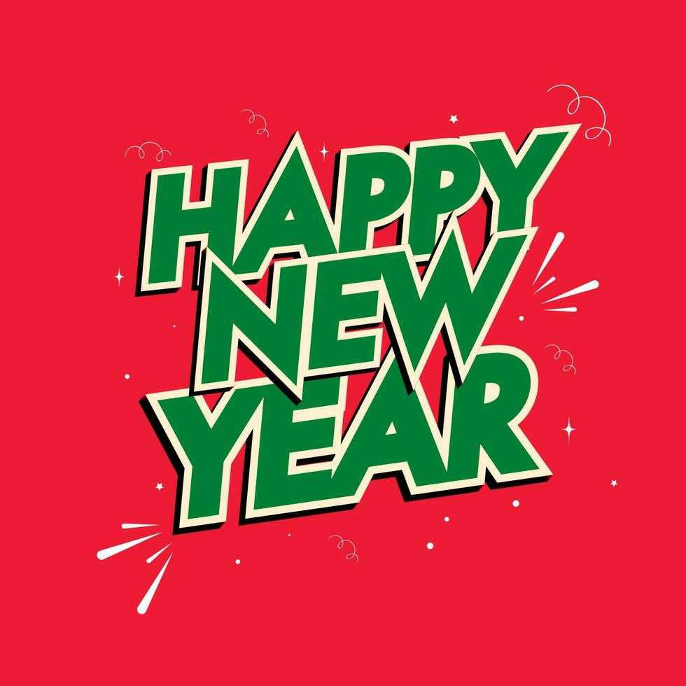 Green Sticker Style Happy New Year Font On Red Background. vector