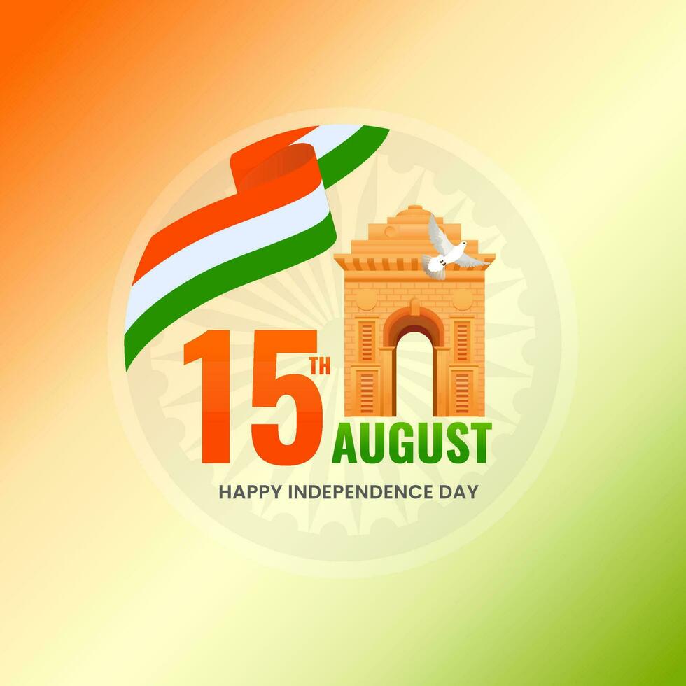 15th August, Independence Day Concept With India Gate, Dove Flying, Tricolor Ribbon On Orange And Green Background. vector