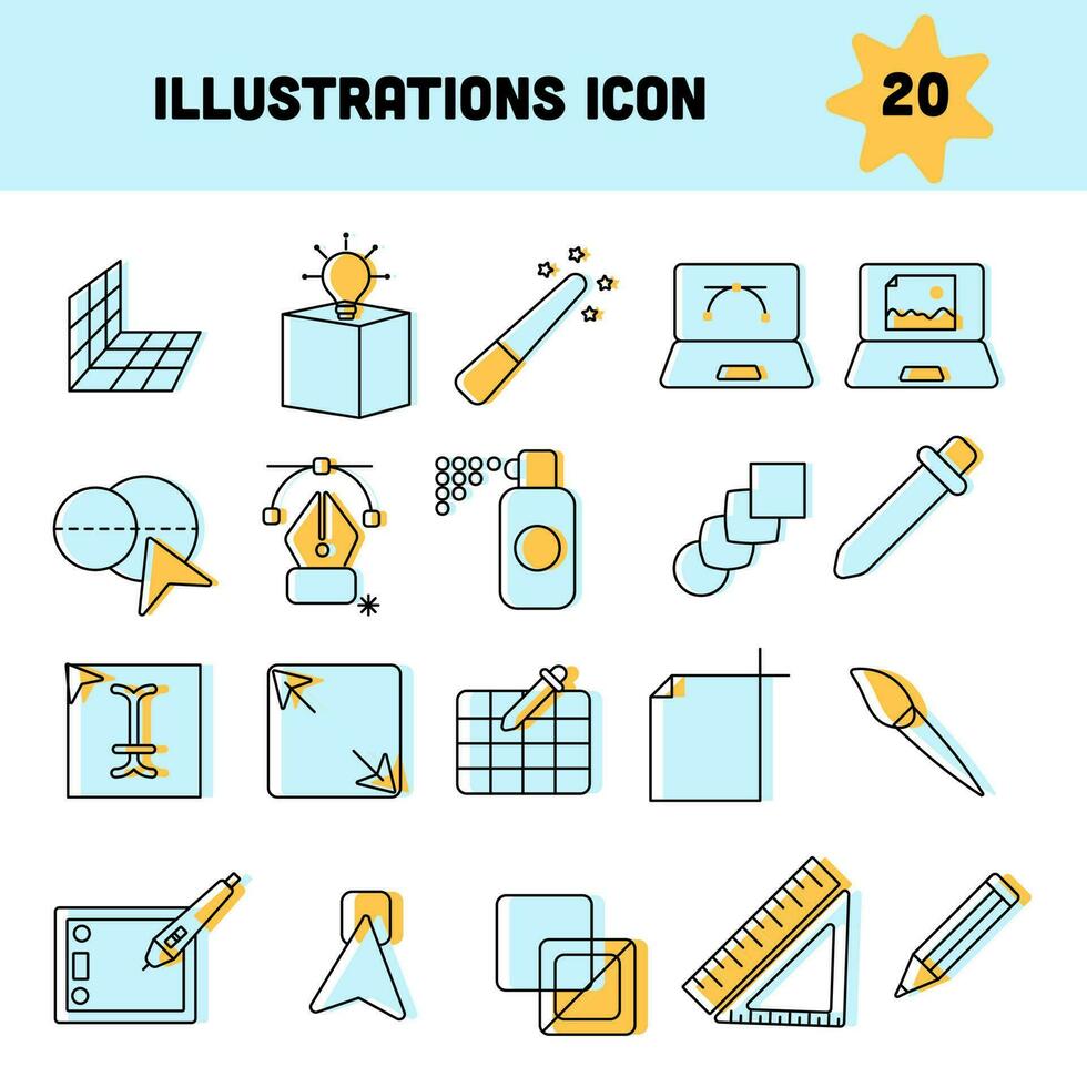 Illustrations Or Illustrator Icon Set In Blue And Yellow Color. vector