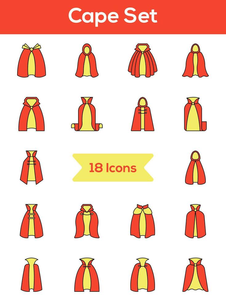 Illustration of Red And Yellow Color Cape Icon Set in Flat Style. vector