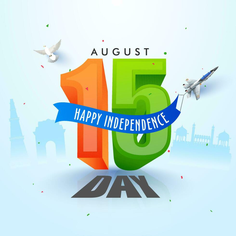 August Of 3D 15 Number With Fighter Jet, Dove Flying On Blue Silhouette Famous Monument Background For Happy Independence Day Concept. vector