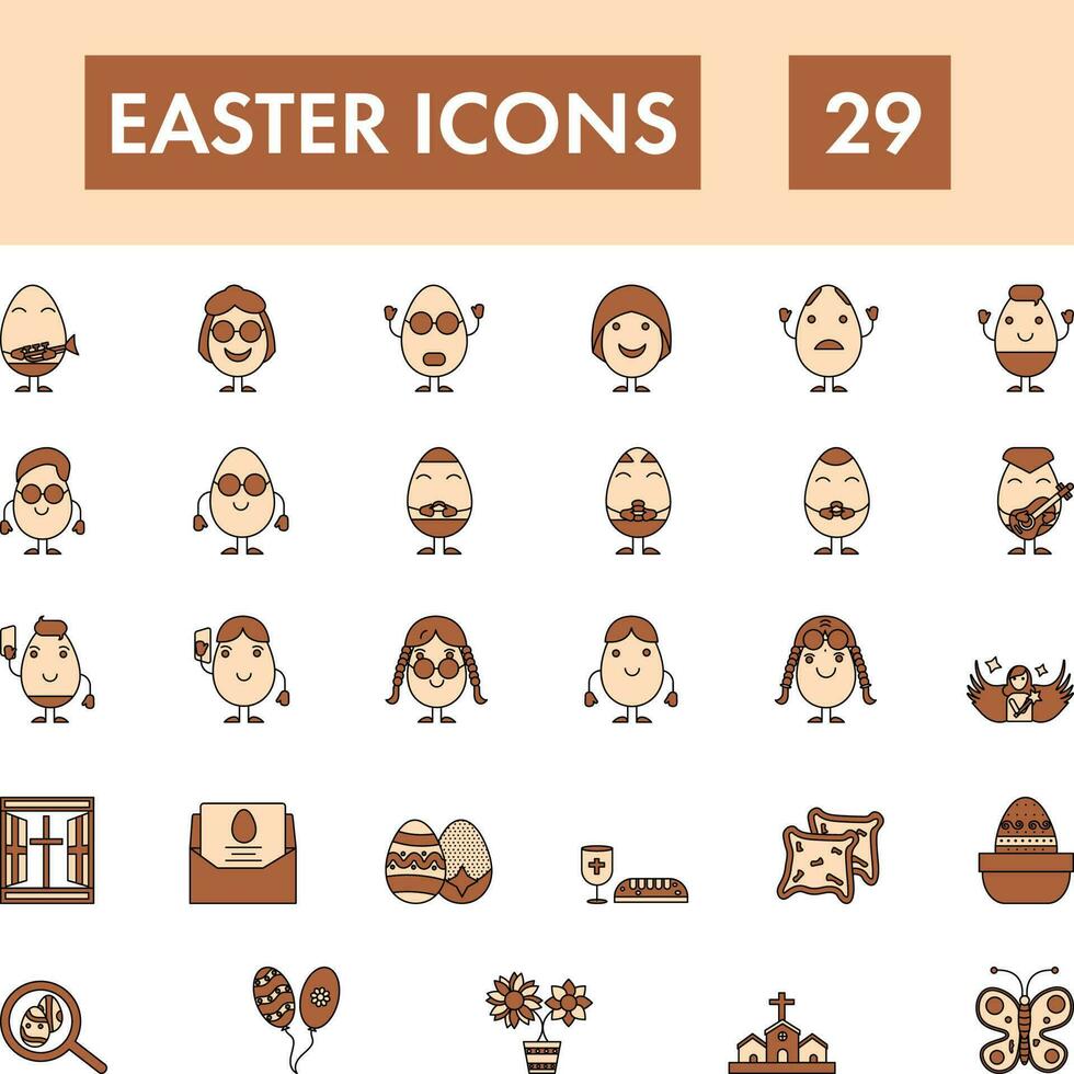 Set Of Easter Icon In Brown And Peach Color. vector