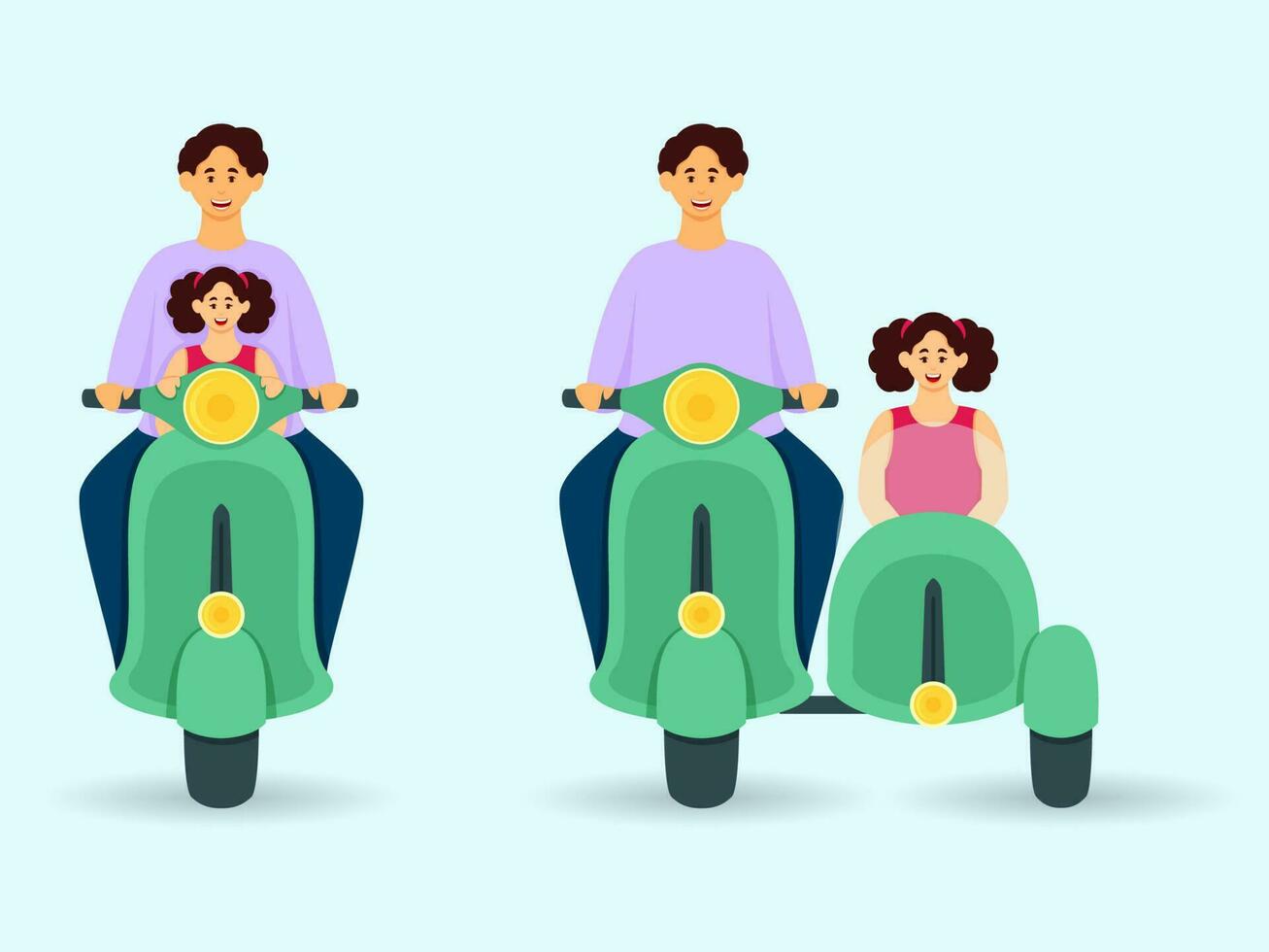Cheerful Young Man With His Daughter Riding Scooter In Two Images. vector
