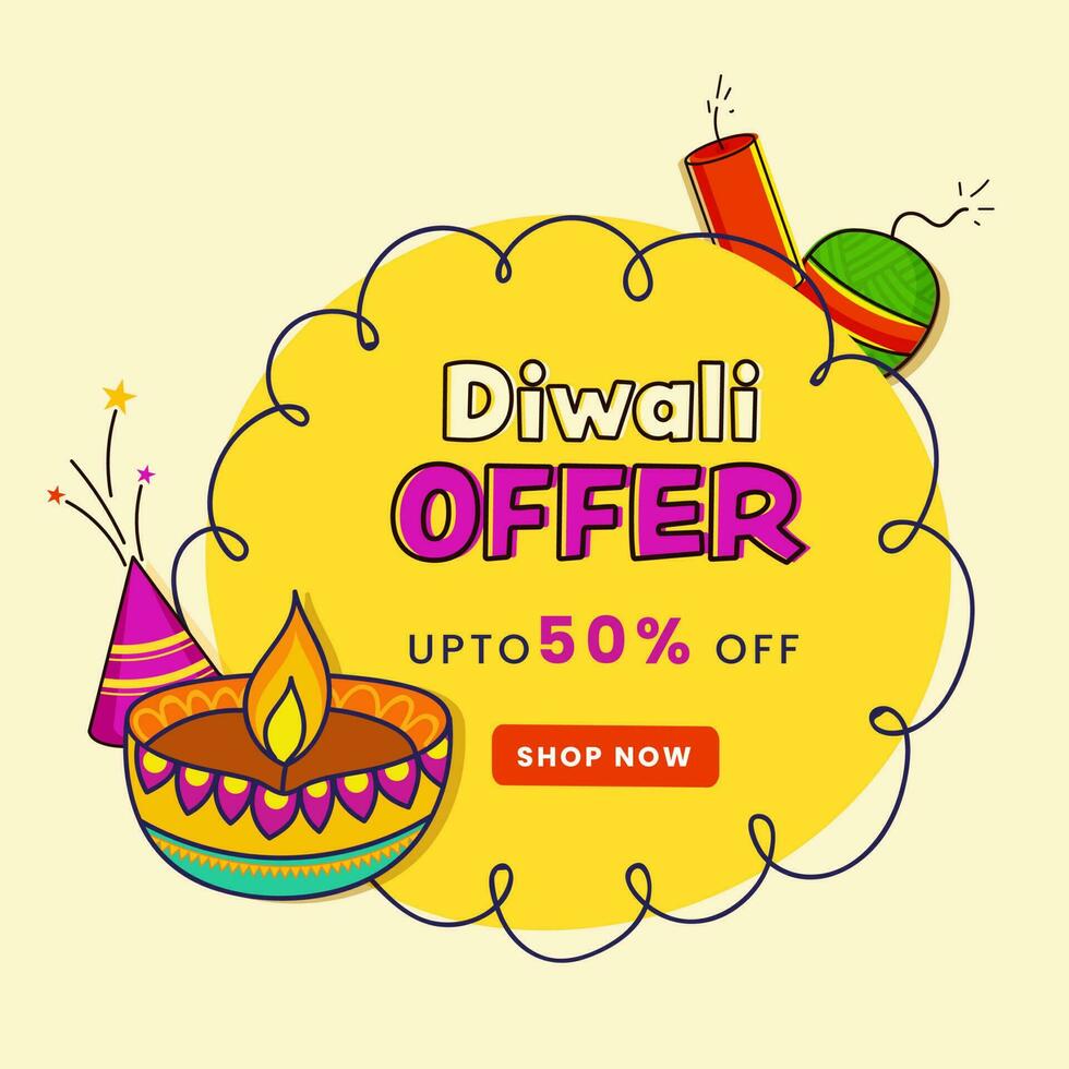 Diwali Sale Poster Design With Discount Offer, Lit Oil Lamp And Firecrackers On Yellow Background. vector