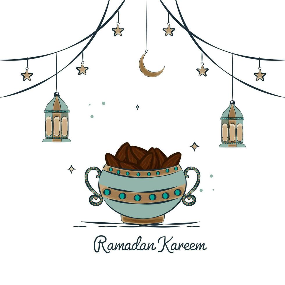 Ramadán kareem concepto con cuenco lleno de fechas, Arábica linternas, estrellas, creciente Luna colgar en blanco antecedentes. vector