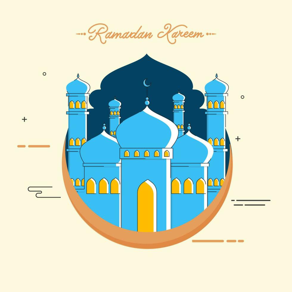 Vector Illustration Of Crescent Moon With Mosque On Pastel Yellow Background For Ramadan Kareem Concept.