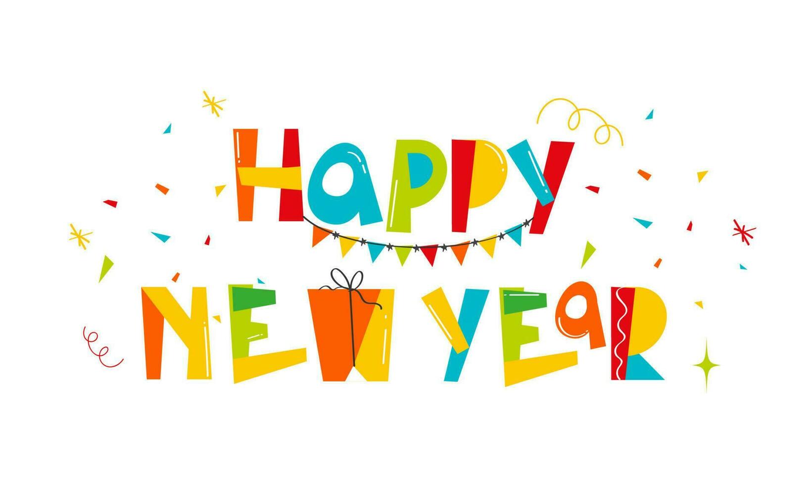 Colorful Happy New Year Font With Gift Box, Party Flags And Confetti On White Background. vector