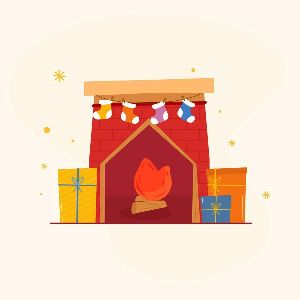 Vector Illustration Of Brick Fireplace With Woolen Socks And Gift Boxes On Cosmic Latte Background.