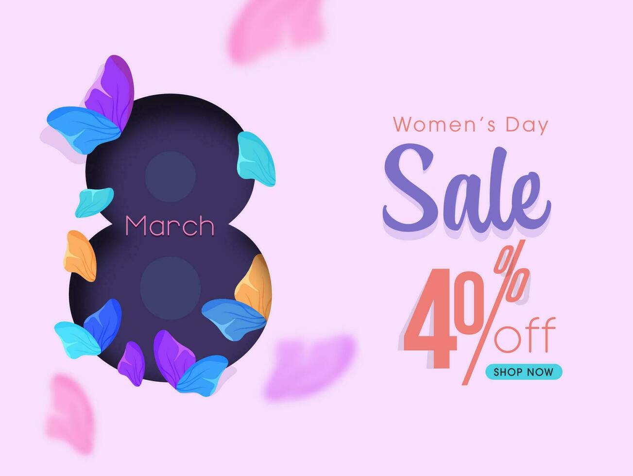 De las mujeres día rebaja póster diseño con descuento oferta y marzo de papel cortar 8 número en ligero magenta antecedentes. vector